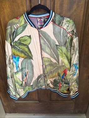 Johnny Was Peach Bomber Jacket with Green Leaf & Multicolor Parrots/Reversable
